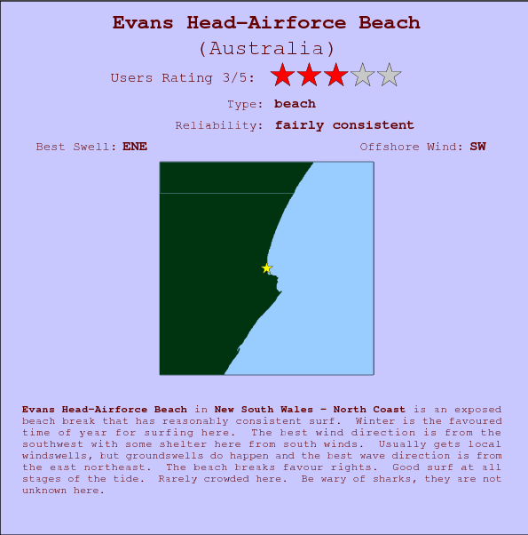 Evans Head-Airforce Beach surf location map and break info