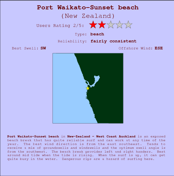 Port Waikato-Sunset beach surf location map and break info
