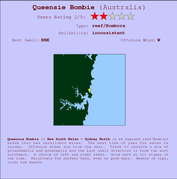 Queensie Bombie surf location map and break info