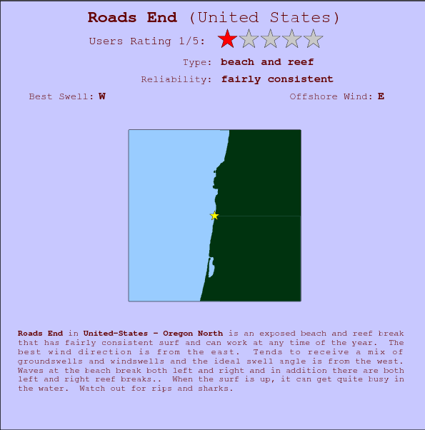 Roads End surf location map and break info