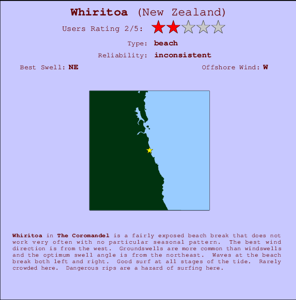 Whiritoa surf location map and break info