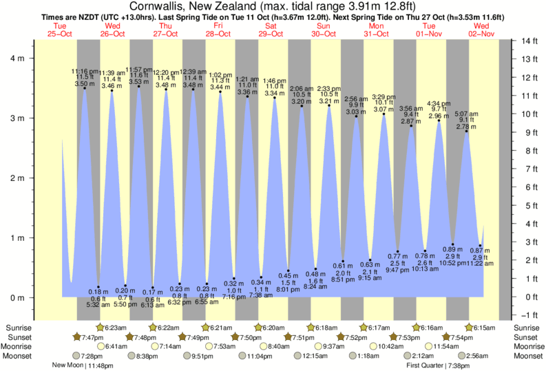 tide graph for Cornwallis, New Zealand near Muriwai Beach surf break