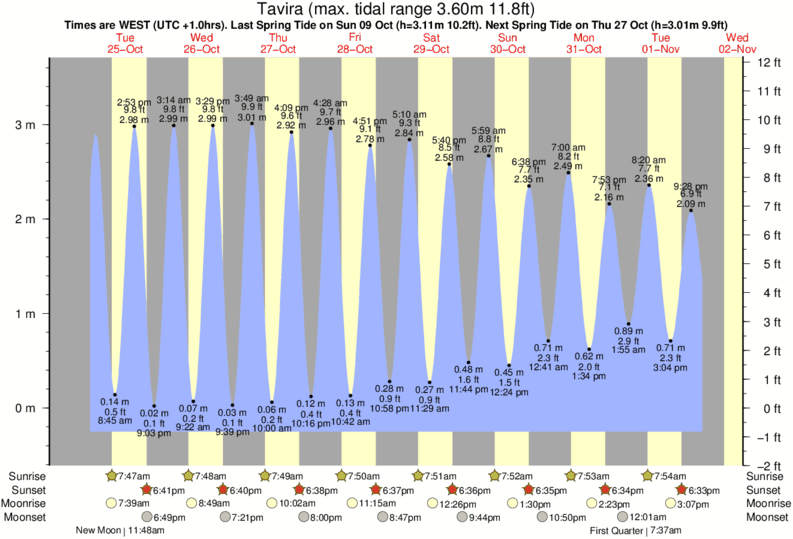 tide graph for Tavira near Ilha de Tavira surf break