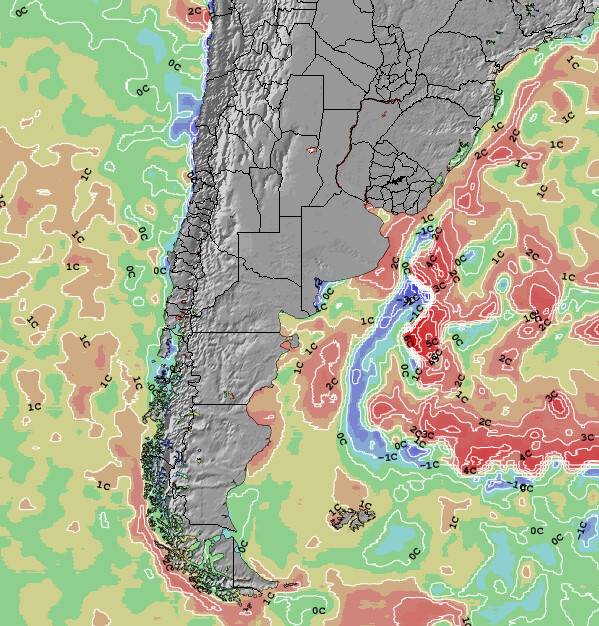 Uruguay Anomalía de Temperatura del Mar Mapa