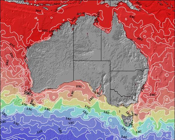 Austrália Temperaturas da Superfície do Oceano Mapa