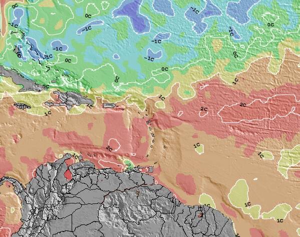 Barbados Anomalía de Temperatura del Mar Mapa