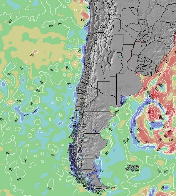 Chile Anomalia na Temperatura da Superfície do Oceano Mapa