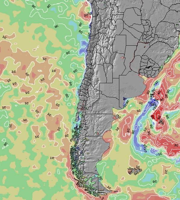 Cile Temperature del mare anomalia Mappa