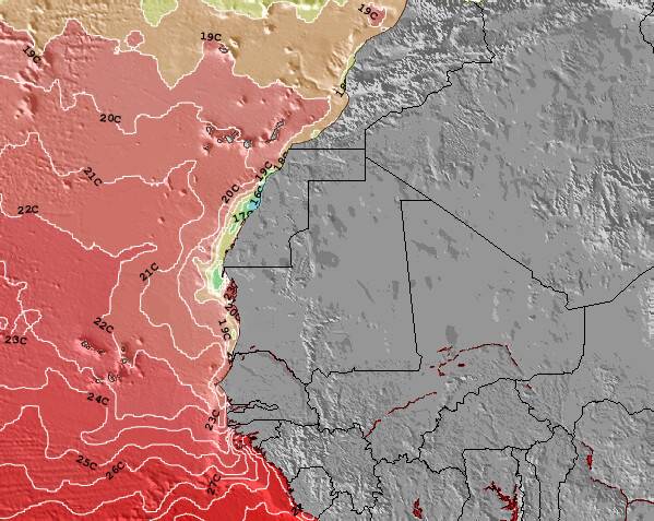 Mauritânia Temperaturas da Superfície do Oceano Mapa