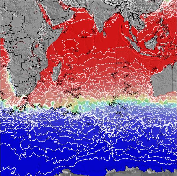 Indian-Ocean Temperaturas da Superfície do Oceano Mapa