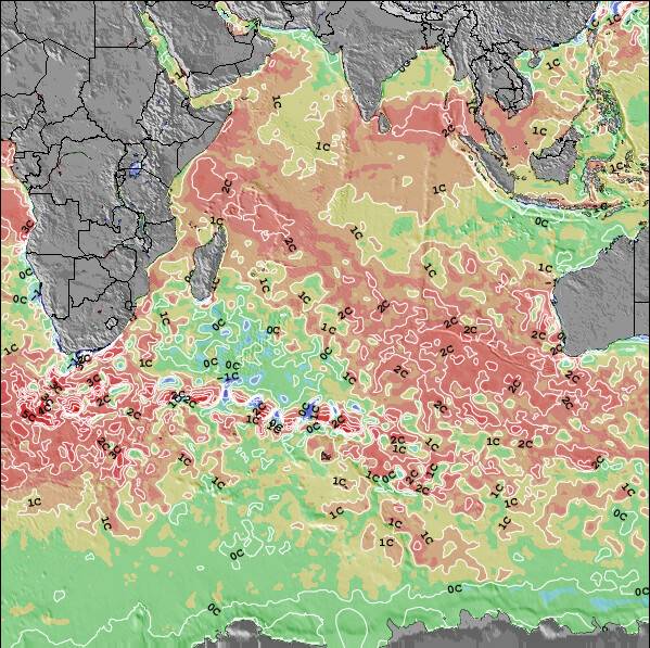 Indian-Ocean Anomalia na Temperatura da Superfície do Oceano Mapa