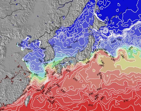 Japão Temperaturas da Superfície do Oceano Mapa