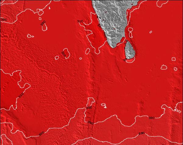 Maldivas Temperaturas da Superfície do Oceano Mapa