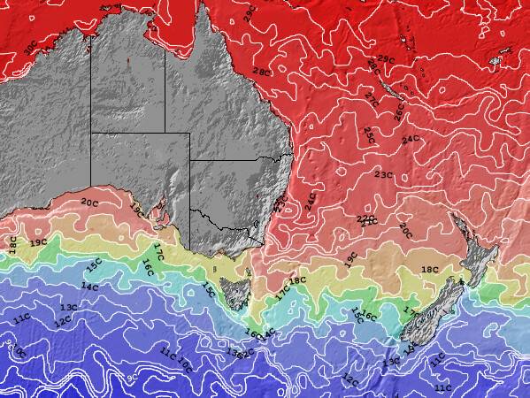 New-South-Wales Temperaturas da Superfície do Oceano Mapa