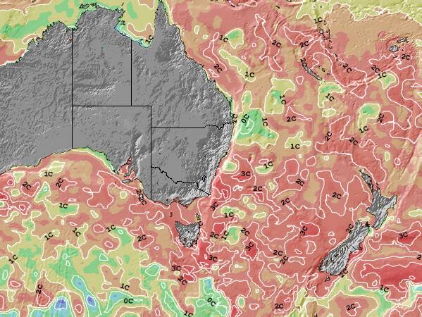 New-South-Wales Anomalia na Temperatura da Superfície do Oceano Mapa