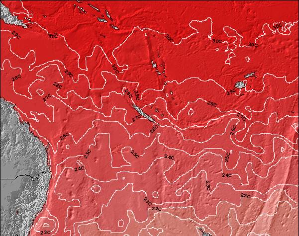 Nova Caledônia Temperaturas da Superfície do Oceano Mapa