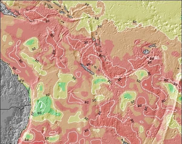 Nova Caledônia Anomalia na Temperatura da Superfície do Oceano Mapa