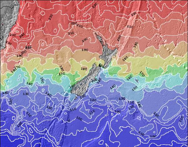 Nova Zelândia Temperaturas da Superfície do Oceano Mapa