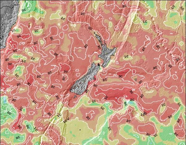 Nova Zelândia Anomalia na Temperatura da Superfície do Oceano Mapa