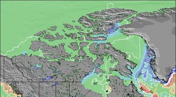 Nunavut Anomalia na Temperatura da Superfície do Oceano Mapa