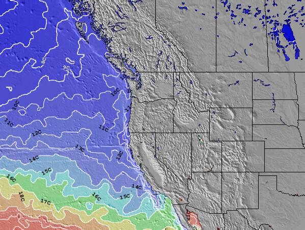 Oregon Temperaturas da Superfície do Oceano Mapa