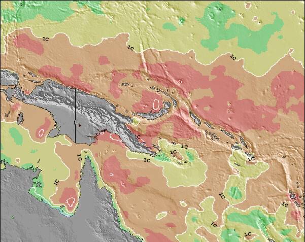 Papua-Nova Guiné Anomalia na Temperatura da Superfície do Oceano Mapa