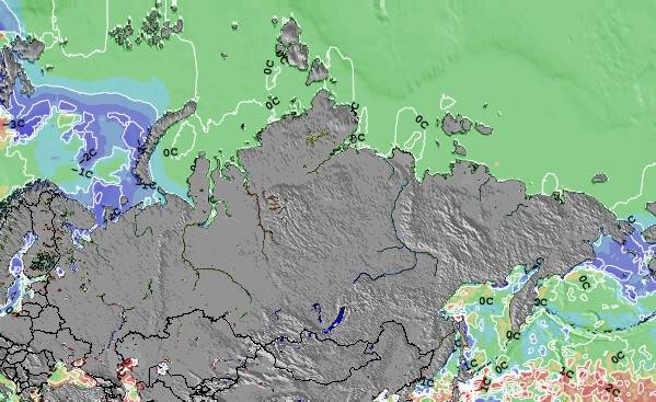 Rússia Anomalia na Temperatura da Superfície do Oceano Mapa