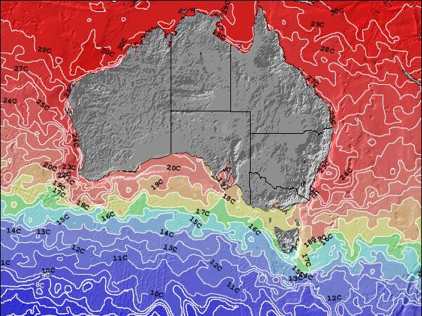 Austrália Meridional Temperaturas da Superfície do Oceano Mapa