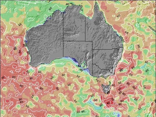 Austrália Meridional Anomalia na Temperatura da Superfície do Oceano Mapa