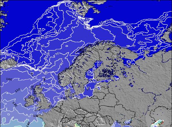 Noruega Temperaturas da Superfície do Oceano Mapa