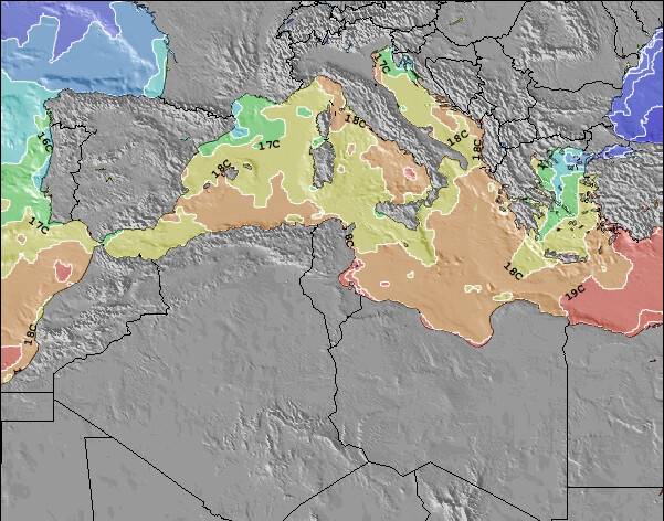 Tunísia Temperaturas da Superfície do Oceano Mapa