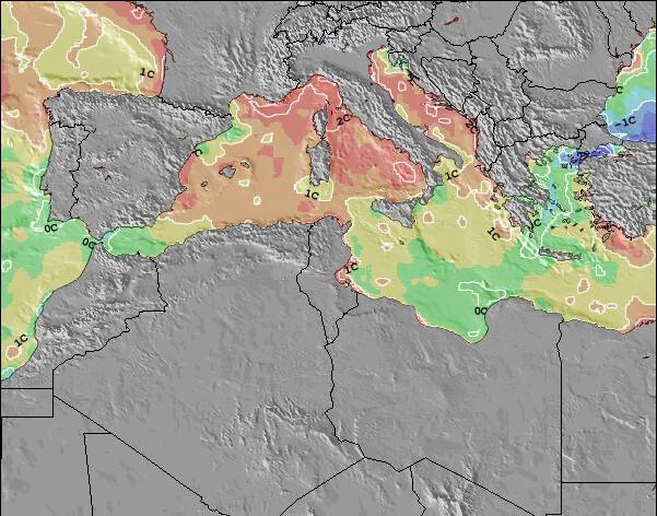 Tunísia Anomalia na Temperatura da Superfície do Oceano Mapa