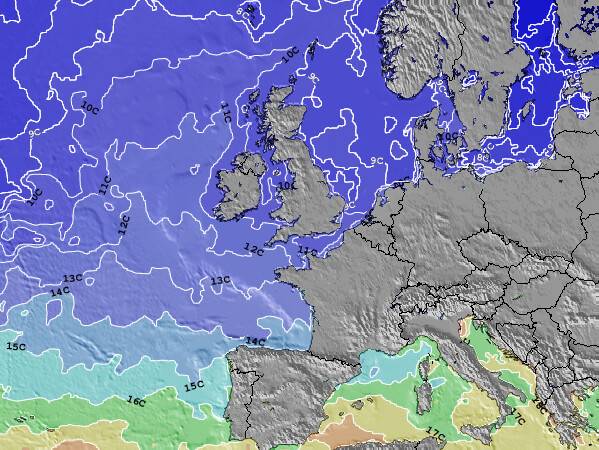 Irlanda Temperaturas da Superfície do Oceano Mapa