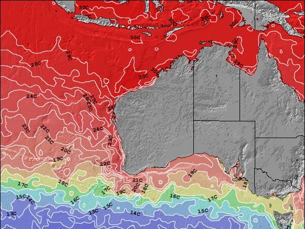 Austrália Ocidental Temperaturas da Superfície do Oceano Mapa