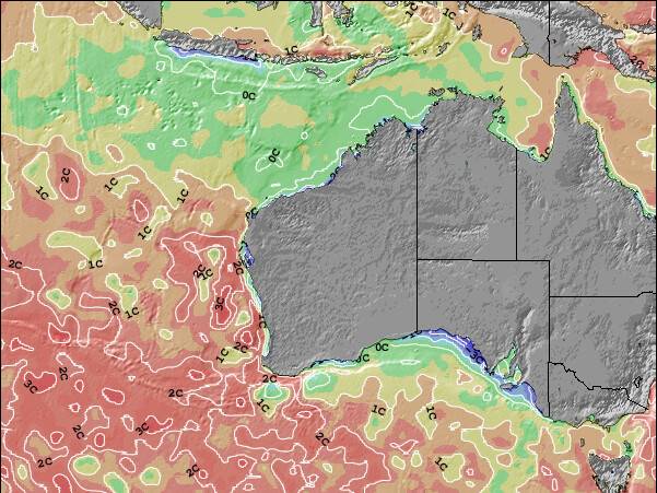 Austrália Ocidental Anomalia na Temperatura da Superfície do Oceano Mapa