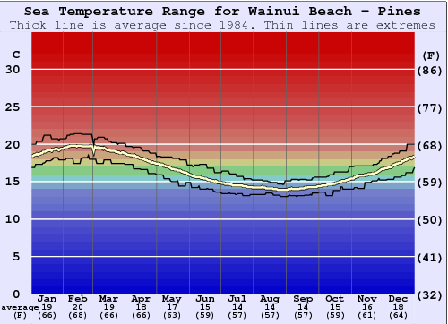 Wainui Beach - Pines Water Temperature Graph