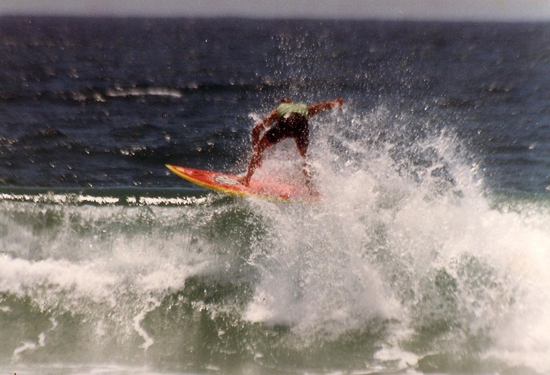 Mark Bell surfing M.R.'s board, Catherine Hill Bay