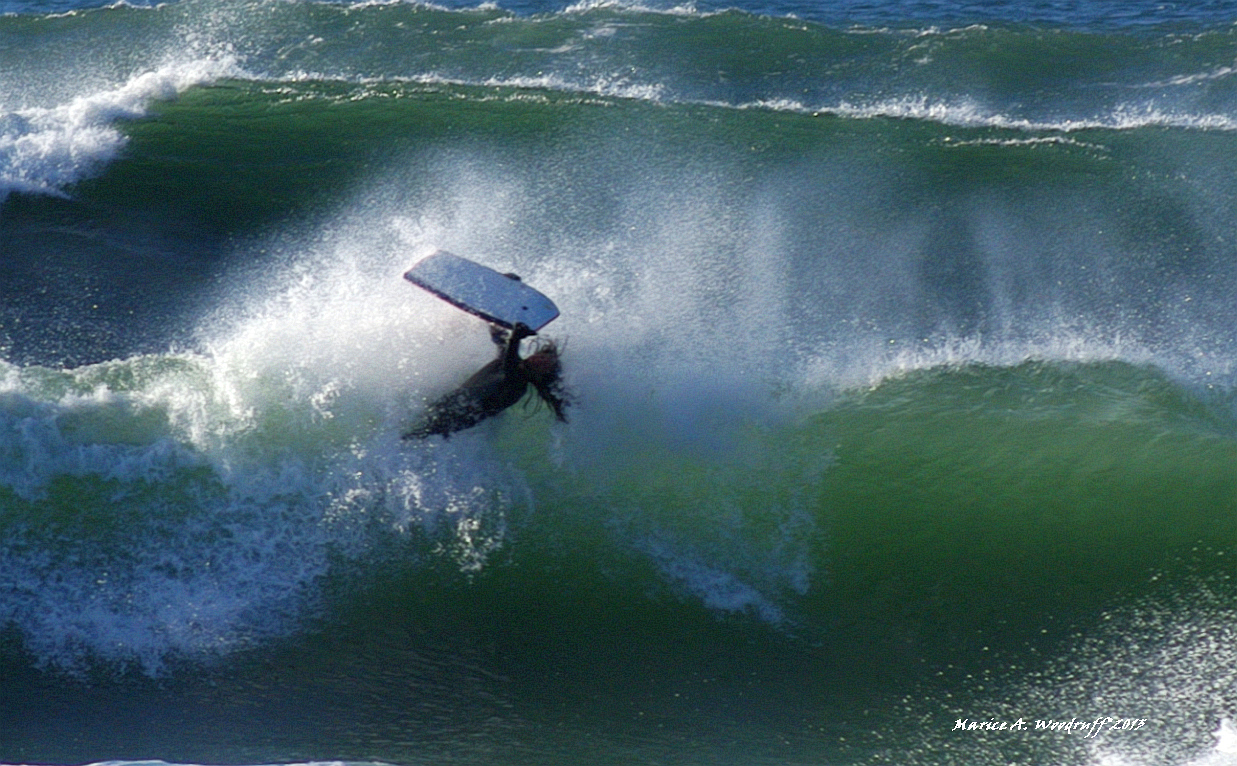 Boogie boarder does an El Rollo, Pacific City/Cape Kiwanda