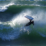 Boogie boarder does an El Rollo, Pacific City/Cape Kiwanda